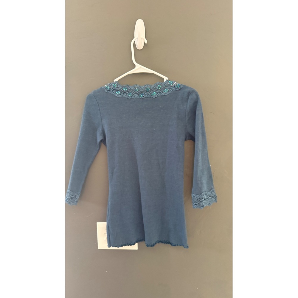 Gitano Womens Vintage Y2k Ribbed V-Neck Top Blue Lace Sequin Trim Fairy Small - Picture 4 of 8